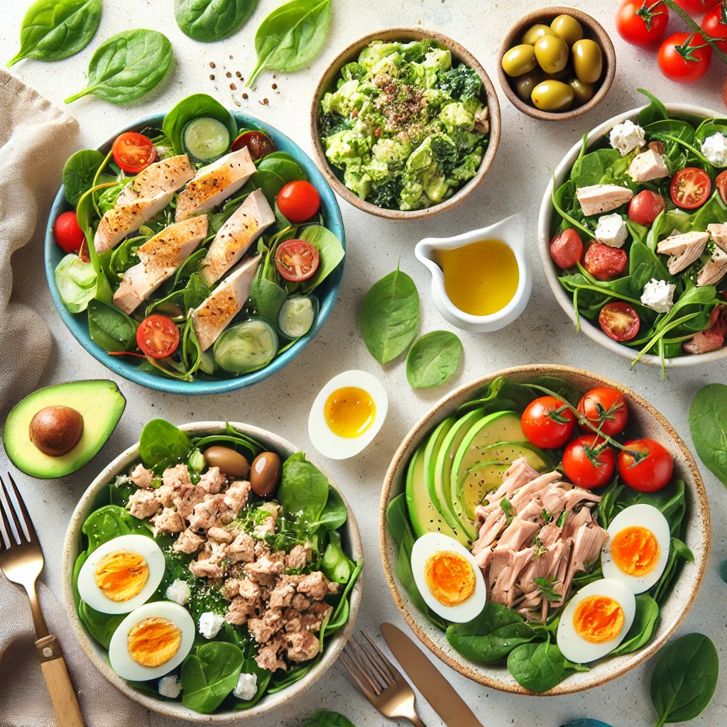 Vista superior de varias recetas de ensaladas keto servidas en bowls sobre una mesa clara. Incluye ensalada César con pollo, ensalada de espinaca con aguacate, ensalada griega con feta y aceitunas, y ensalada de atún con huevo duro. Ingredientes frescos, coloridos y saludables presentados con estilo limpio y apetitoso