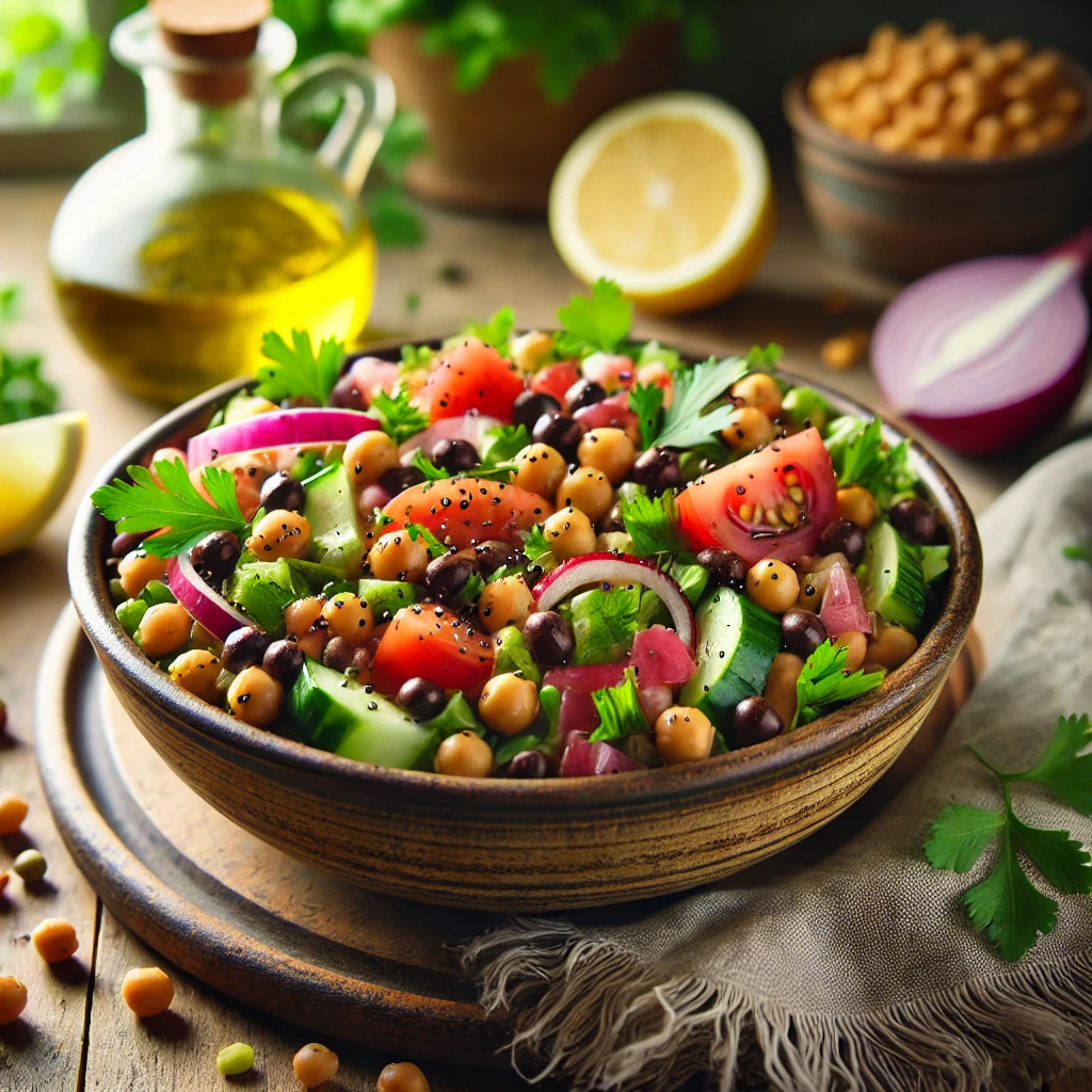 Ensalada saludable de legumbres con garbanzos, lentejas y frijoles negros, mezclada con tomate, pepino, cebolla morada y hierbas frescas, servida en un bol rústico sobre una mesa de madera.