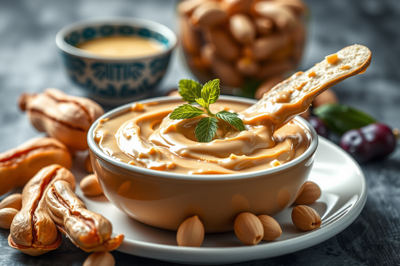 Mantequilla de maní servida en un bowl pequeño decorado con una ramita aromática y granos de maní.