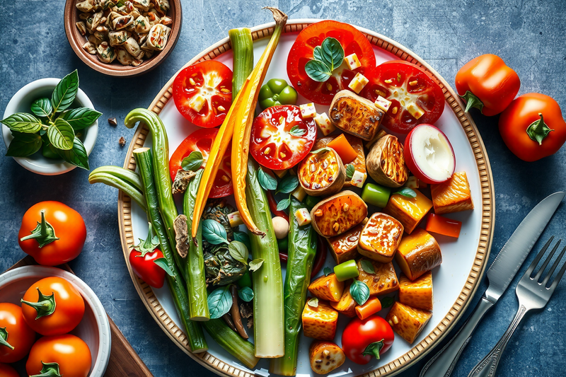 Recetas de comidas vegetarianas: plato con tomates, cebolla, pimientos
