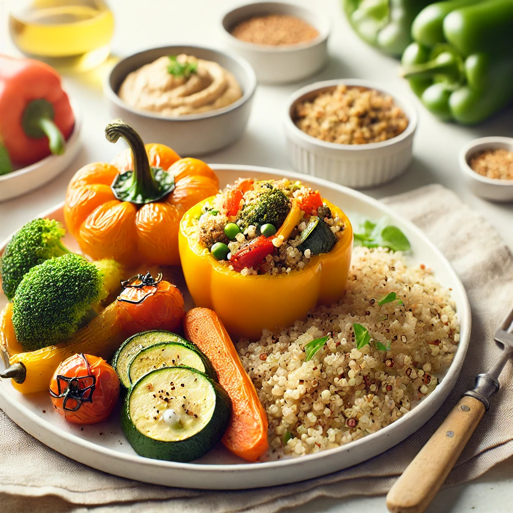 Plato representativo de recetas vegetarianas con pimientos rellenos, pepino, brócoli adornado con hierbas aromáticas