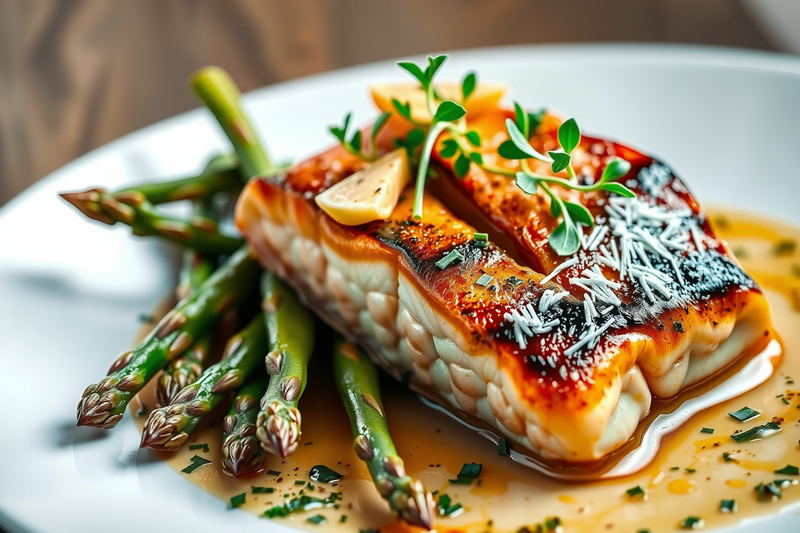 Salmón con espárragos servidos sobre un plato blanco con hojas frescas y salsa