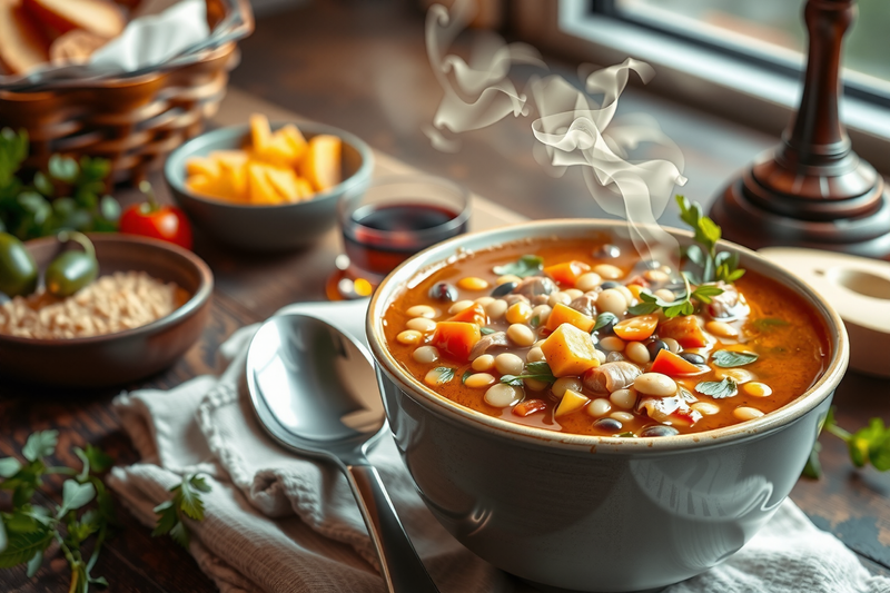 sopa de lentejas servida sobre una mesa de madera con estilo rústico