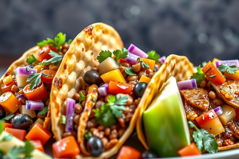 Saludables tacos de lentejas rellenos con verduras troceadas, lentejas y decorados con perejil
