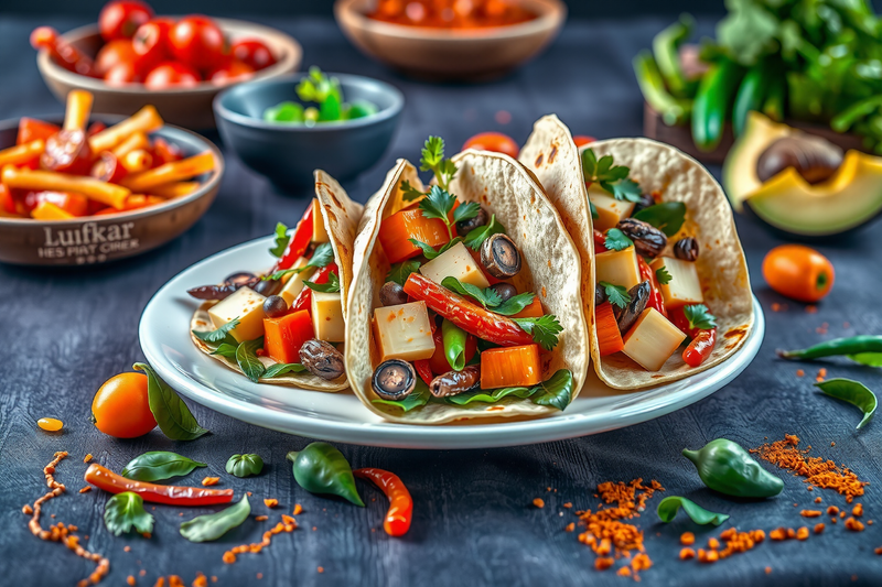 Tacos vegetarianos servidos en un plato blanco rellenos con pimientos, calabacín, alubias, queso y cilantro