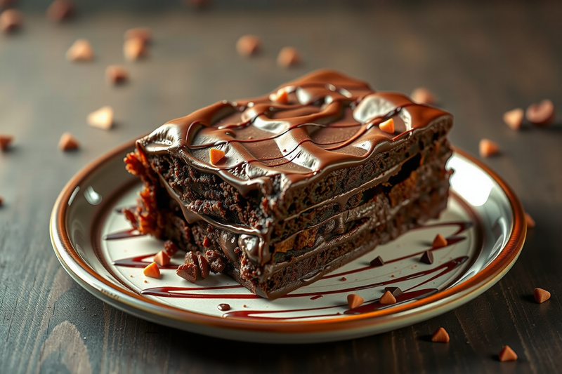 Torta de chocolate sin harina servida sobre una mesa de madera decorada con chispas de chocolate