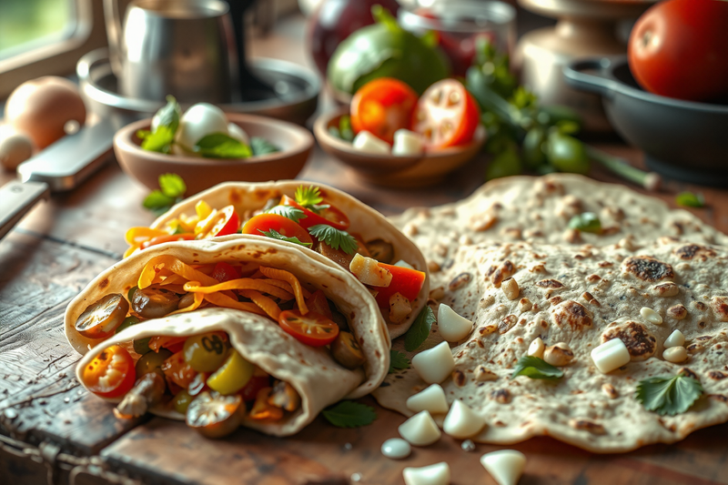tortillas caseras rellenas con verduras servidas sobre mesa de madera