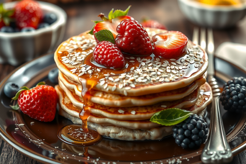Tortitas de avena fitness servidas con miel y frutas frescas.