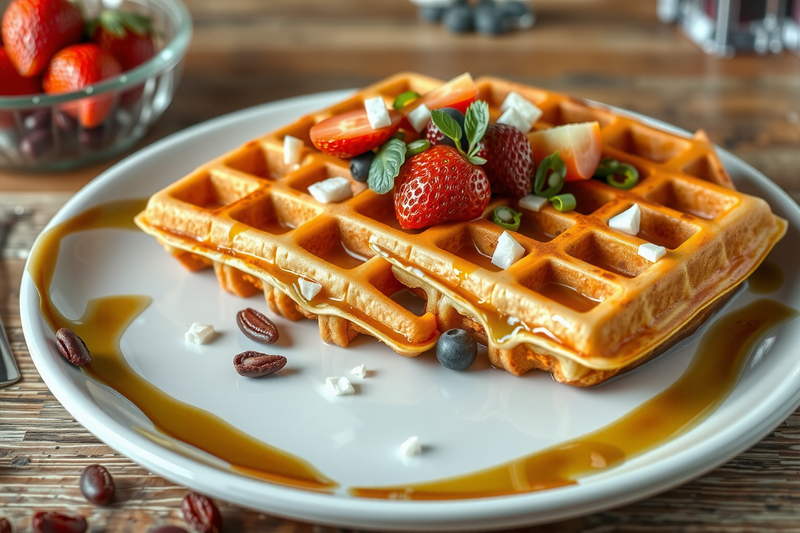 Waffles keto servidos sobre un plato blanco decorados con frutas fresas y miel de abejas