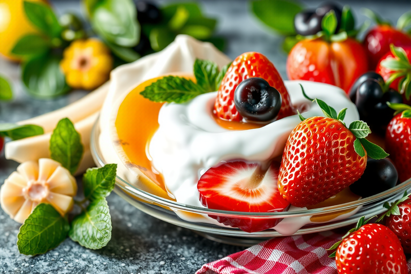 Yogurt con frutas como fresas y arándanos y decorado con hojas frescas